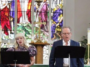 Soprano Roanna Kitchen and tenor Robert Martin share a duet as part of their presentation of sacred music in St. Thomas Anglican Church Sunday afternoon. JENNA CHAPLIN PHOTO