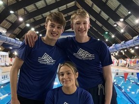 Brantford Aquatic Club members Hunter Payne (left), Halayna Montrichard and Carter Scheffel have qualified for the 2022 FINA Swimming World Cup in Toronto at the end of October. Submitted