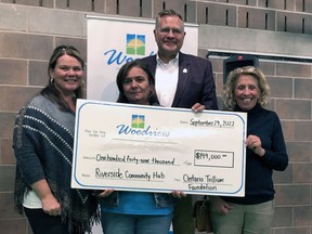 Woodview Mental Health and Autism Services received an Ontario Trillium Foundation grant to help move forward with the Riverside Community Hub project, which seeks to bring together the core services of 10 agencies under one roof in a central facility. In the photo are: Woodview board member Sherri Lojzer (left);  Woodview executive director Flora Ennis; Brantford-Brant MPP Will Bouma; and Leslie Josling, executive director of Willowbridge Community Services. Submitted