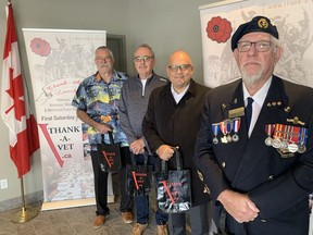 A community-wide effort to honor local veterans is underway. Organizers of this year's Thank-A-Vet Luncheon, including veteran Don Spiece (front), Brantford-Brant MP Larry Brock and the event's co-chairs, Bill Chopp and Dave Levac, will deliver gift bags to local veterans, widows and Silver Cross Mothers on Nov. 5. The gift bags replace the traditional in-person luncheon, which has been cancelled during the COVID-19 pandemic.