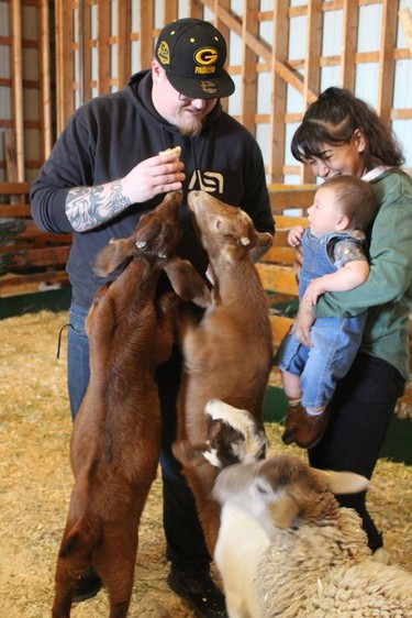 While waiting for the start of the baby show at the Burford Fair on Sunday, Bryar McKenzie, Cassandra Foa and their seven-month-old son Xavier McKenzie feed goats at the petting zoo. Michelle Ruby