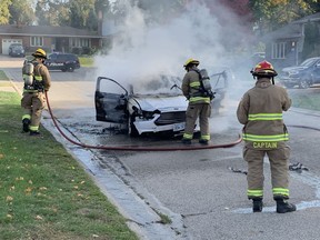 Brantford firefighters put out a car fire on Conklin Crescent on Saturday. The vehicle had been involved in collisions before being deserted.