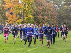 Competitors in the senior boys event head out from the starting line during the AABHN high school cross-country championships on Wednesday at Mohawk Park in Brantford. Brian Thompson/Brantford Expositor/Postmedia Network