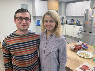 Oleksandr Ratushnyi and his wife, Olena Ratushna, in their apartment at Schafer House. They are among the more than 25 Ukrainians living in former Delhi Research Station, which was transformed into apartments by Mike and Sandy Kloepfer, of Titan Trailers. Vincent Ball