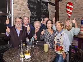 Voters in the County of Brant returned mayor David Bailey (left) to a second term in the municipal election on Monday October 24, 2022. Celebrating with Bailey at The Dragon in downtown St, George are (left to right) his partner Jim Triemstra, former Brant County warden Mabel Dougherty, Daryl Bailey and Dayna Brown (Bailey's brother and sister), Lynne Garn and Jenny McConnell.