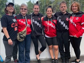 After helping Canada capture gold at the 2022 IIHF Women's World Hockey Championship in Denmark, Jocelyne Larocque (third from left)  moved on to coach Canada's masters women's ball hockey team to silver at the ISBHF world championship in Prague. Joining Larocque in Prague was her partner and team member, Becca King (left), Becca's mother, Emily King, Larocque's sister, Chantal Fritzche, who was also on the team, Larocque's father, Andy, who was an assistant coach on the team and Larocque's stepmother, Karen Leslie. Submitted