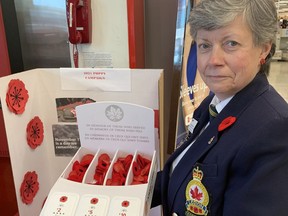 Chrystal Petit-Pas, of the Dunsdon Legion, distributes poppies at the Zehrs store on King George Road on Saturday. The Royal Canadian Legion's annual poppy campaign began Friday and continues to Remembrance Day on Nov. 11. Local residents will have plenty of opportunities to support the campaign as booths at numerous locations, including grocery, beer and liquor stores.