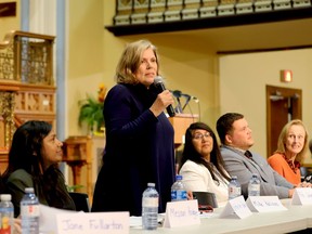 Katherine Hobbs speaks at an all-candidates meeting at Wall Street United Church on Wednesday evening, while, from left, Mezaun Hodge, Priti Luhadia, Rob McArthur and Susan Prettejohn listen. (RONALD ZAJAC/The Recorder and Times)