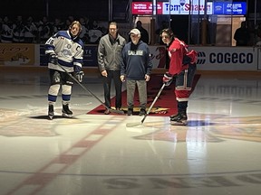 On a night to honour the North Bay Trappers legacy former Trapper coach Butch Turcotte and his son, former National Hockey League star, Darren Turcotte dropped the puck for the ceremonial faceoff at the U18 AAA North Bay Trappers home opener versus the U18AAA Sudbury Nickel Capitals.