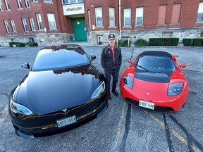 Chatham realtor Patrick Pinsonneault, also known as Mr. Tesla Canada, is making a documentary on Telsa's role with the evolution of electric vehicles. He is seen here with two of his three Tesla vehicles, a 2022 Tesla Plaid, on the left, and a 2010 Roadster. He also owns another 2010 Tesla Roadster. (Ellwood Shreve/Chatham Daily News)