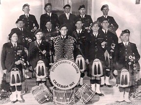 The Chatham Branch 28 Canadian Legion Pipe Band is seen here in 1951, six after it formed in 1945. Pictured front, left to right is: Robert Dickie, Robert Paterson, Leonard Sketchier, William Turkington and Sandy Kennedy. Second row, left to right: Rodger Brown, Charles Pollock, Glen Pearson and William Hamilton. Back row left to right is Gordon Tuck, George Sims, Elmer Howard, George McDonald and Leslie Sinclair. A reunion for the band is planned for Oct. 23, 2022 to celebrate its 77-year history. (Handout).