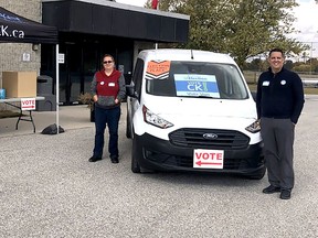 Municipal staffers Lisa Toulouse and Jeff Moco welcomed residents to vote at the Vote Van, which made a stop in Wheatley on Thursday. (Photo handout)