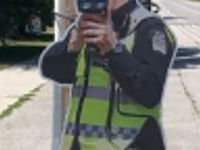 Const. Wes Coast, the life-sized cut-out of a police officer holding a speed enforcement device, was stolen from the intersection of King and Albert streets in Hensall. OPP photo
