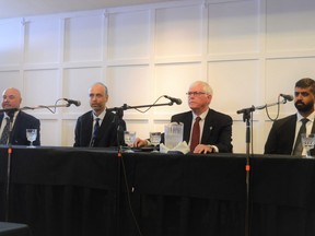 Cornwall's 2022 Mayoral candidates during the Cornwall & Area Chamber of Commerce Municipal Election Debate. From left to right: James Leroux, Jordan Poapst, Glen Grant, and Justin Towndale, pictured on Monday October 3, 2022 in Cornwall, Ont. Shawna O'Neill/Cornwall Standard-Freeholder/Postmedia Network