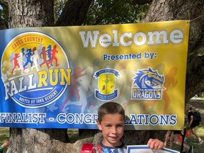 Iona Academy Grade 3 Mikal Samson smiling and proud after his race. Photo in St. Raphael's, Ontario. Handout/Cornwall Standard-Freeholder/Postmedia Network