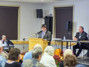 David Smith (left) addresses the crowd while Bryan McGillis (right) looks on, during the all-candidates' meeting held in Long Sault on Oct. 6, 2022. About 120 people attended the meeting.
Phillip Blancher/Morrisburg Leader