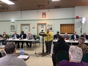 Cornwall and District Labour Council president Louise Lanctot (centre) kicking off the Cornwall and District Labour Council all candidates debate on Wednesday October 12, 2022 in Cornwall, Ont. Shawna O'Neill/Cornwall Standard-Freeholder/Postmedia Network