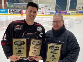 One of the few highlights for Cornwall at the home game on Saturday, Oct. 15, 2022, had captain Marc Andre Labelle being presented with all of the hardware he earned during the 2021-22 season. Labelle is pictured with Prowlers head coach Mitch Gagne. Handout/Cornwall Standard-Freeholder/Postmedia Network
