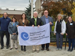 At the launch of the 2022 Community Health and Well-being week: Seaway Valley Community Health Centre (SVCHC) health promoter Corrie D'Alessio, SVCHC health worker Linda Rodgers, SVCHC community programs manager Stephanie Hemmerick, Cornwall Mayor Glen Grant, Centre de santé communautaire de l'Estrie (CSCE) gestionnaire de programme - santé mentale et santé communautaire Marc Therrien, promoteure-santé Tania Sveistrup, and agnte de communication Sophie Cadorette. Pictured on Monday October 17, 2022 in Cornwall, Ont. Shawna O'Neill/Cornwall Standard-Freeholder/Postmedia Network