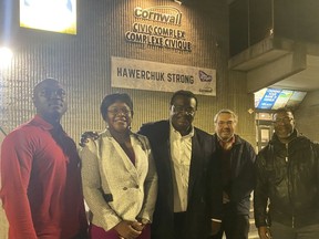 From left to right: Ikechukwu Ezomike, Josiane Ngo Maa, councillor-elect Fred Ngoundjo, Etienne Saint-Aubin, and Monty Domingo outside of the civic complex on Monday October 24, 2022 in Cornwall, Ont. Shawna O’Neill/Cornwall Standard-Freeholder/Postmedia Network