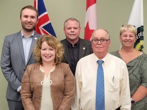 Back row, from left to right, South Stormont Deputy Mayor-elect Andrew Guindon, incumbent Mayor Bryan McGillis, and returning Coun. Cindy Woods. Front row, from left, returning Coun. Jennifer MacIsaac, and newly elected Ried McIntyre Handout/Cornwall Standard-Freeholder/Postmedia Network