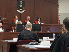 Members of the legal community and beyond attended the public appointment ceremony of Superior Court of Justice judges Lia M. Bramwell (top left) and Julie Bergeron (top right) sitting beside Chief Justice of the Superior Court of Justice Geoffrey B. Morawetz (top middle) on Thursday October 27, 2022 in Cornwall, Ont. Shawna O'Neill/Cornwall Standard-Freeholder/Postmedia Network