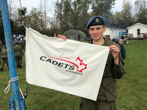 Handout/Cornwall Standard-Freeholder/Postmedia Network
A Maj. Sandy McDonald photo of Sgt. Abigail Charbonneau of 325 Cornwall Kiwanis Air Cadet Squadron in Cornwall raising the Cadets Canada Flag in Lakeview Heights on Oct. 1, 2022, marking the beginning of Cadets week in Ontario.