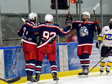Cornwall Colts linematees Bradley Fraser, Brayden Bowen, and Ben Lapier celebrate Fraser's goal against the Carleton Place Canadians on Thursday October 20, 2022 in Cornwall, Ont. The Colts won 6-4. Robert Lefebvre/Special to the Cornwall Standard-Freeholder/Postmedia Network