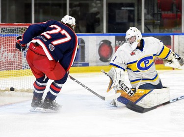 Carleton Place Canadians goaltender Joe Chambers sees the puck behind him after Cornwall Colts Bradley Fraser (No. 27) scored the team's third goal on Thursday October 20, 2022 in Cornwall, Ont. The Colts won 6-4. Robert Lefebvre/Special to the Cornwall Standard-Freeholder/Postmedia Network