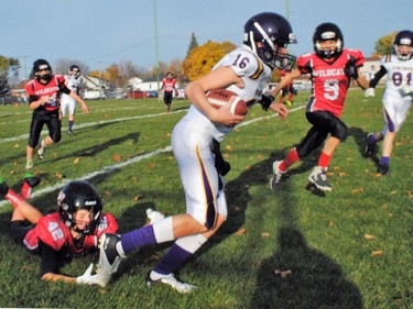 Cornwall Wildcats Andrew Wiltshire, left, and Talan Kikkert pursue a Gatineau Vikings ball carrier on Sunday October 23, 2022 in Cornwall, Ont. Cornwall won 47-13. Greg Peerenboom/Special to the Cornwall Standard-Freeholder/Postmedia Network