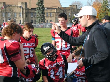 Cornwall Wildcats assistant coach Cameron Howes instructs his peewee players during halftime of their game against the Gatineau Vikings on Sunday October 23, 2022 in Cornwall, Ont. Cornwall won 47-13. Greg Peerenboom/Special to the Cornwall Standard-Freeholder/Postmedia Network