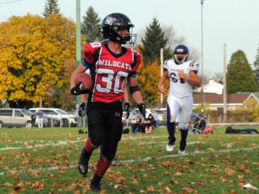 Cornwall peewee Wildcats Connor Hamelin looks for an opening during the Cats' 47-13 win over the Gatineau Vikings in the National Capital Amateur Football Association at Joe St. Denis Field on Sunday October 23, 2022 in Cornwall, Ont. Greg Peerenboom/Special to the Cornwall Standard-Freeholder/Postmedia Network
