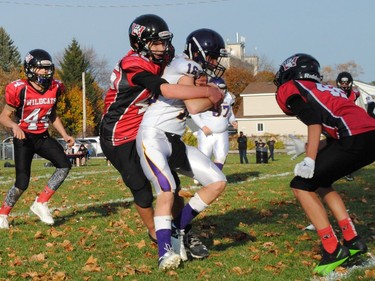 A pair of Cornwall Wildcats players corral and tackle a Gatineau Viking during play on Sunday October 23, 2022 in Cornwall, Ont. Cornwall won 47-13. Greg Peerenboom/Special to the Cornwall Standard-Freeholder/Postmedia Network
