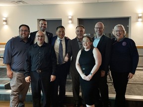 Seven of the eight winners of the 2022 city council race in Prince George. From left to right and back to front: Tim Bennett, Kyle Sampson, Simon Yu, Brian Skakun, Garth Frizzell, Susan Scott, Ron Polillo, Cori Ramsay. Trudy Klassen, not present, was also elected to council.