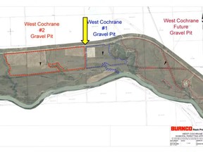 The BURNCO sitemap as seen at a council meeting on Monday, Oct. 3, 2022. West Cochrane #1 is currently operating, the current proposed expansion is West Cochrane #2; the arrow pictured is range road 51.