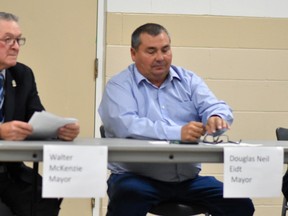 West Perth mayoral candidates for the 2022 municipal election are incumbent Walter McKenzie (left) and challenger Doug Eidt, the current deputy mayor. The two, along with other candidates seeking election, were part of the candidates night held Oct. 6 at the West Perth community centre in Mitchell. ANDY BADER/MITCHELL ADVOCATE
