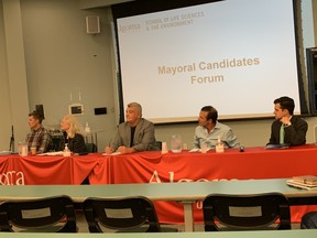 Algoma University's School of Life Sciences and the Environment hosted the five mayoral candidates to hear their views on climate change and mental health and addictions. ELAINE DELLA-MATTIA