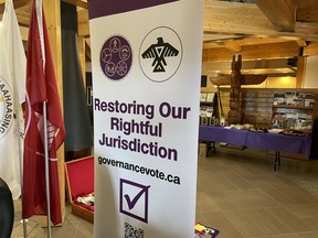 This banner illuminates what a major ceremony celebrated at the Anishinabek Office on Highway 17 Saturday. (Greg Estabrooks-Nugget)