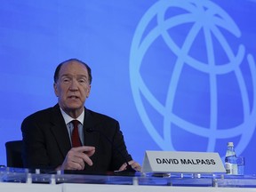 World Bank president David Malpass speaks at a news conference on the fourth day of the IMF and World Bank annual meetings at the International Monetary Fund headquarters on Thursday, Oct. 13, 2022, in Washington, D.C. On Tuesday, the International Monetary Fund downgraded its forecast for the global economy, saying it expects 2.7 per cent global growth next year.