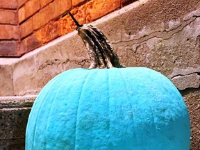 A pumpkin and a little teal coloured paint can let your trick-or-treaters know that they can get allergy safe treats at your house.  supplied by Melissa Harvey