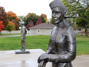 A view of a bronze statue of a female Royal Military College cadet that was a gift to the college on May 20. The statue joins the male cadet statue, nicknamed Brucie, which was installed in 1976.