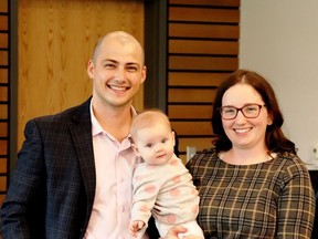 Dr. Joseph Spohn, with his wife Alexandra and their daughter Penelope Jane, was officially welcomed to Gananoque at a small private reception held recently in Council Chambers. He is the new family practitioner at the CPHC Clinic on Herbert Street.  Lorraine Payette/for Postmedia Network