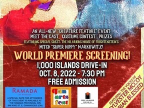 The world premiere of Bug Eyed Monsters Invade the Earth!, by Anthony D.P. Mann, will be playing one-night only at the 1,000 Islands Drive-In in Gananoque on Saturday, Oct. 8 at 7:30 p.m. Admission is free.  
Supplied by Anthony D.P. Mann