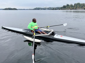 Konan Blaise Koko rowing on Lake Ramsey in Sudbury. Supplied