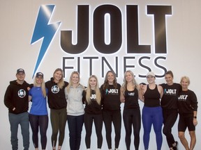 Jolt Fitness owner Siggy, second from left, recently celebrated a major expansion of her business in Centralia, as well as the second anniversary of its opening. With her from left are her husband Dustin Mills and her team members Rayna Moore, Rachelle Keys, Emma Schenk, Bri Johns, Maddie Ivatts, Emma Houston, Tanya Fisher and Barb Ducharme. Absent are Sierra Haines and Garrett Wilson. Scott Nixon