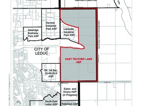 The City of Leduc's business and industrial park structure plan. Sawridge, Harvest and Lakeside sit directly north of Telford Lake. (City of Leduc)