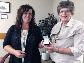 Karen St. Martin, left, received the Canadian Municipal Association Long Service Award from then-Mayor Kate Patrick in 2017. The award was for 15 years in municipal management. St. Martin has worked in municipal operations in both Mayerthorpe and Woodlands County.