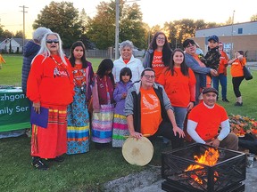 Photo by Jacqueline Rivet
Gathered together for the National Day for Truth & Reconciliation Isabelle Meawasige, Claire, Felicity, and Olivia with their grandmother Priscilla Southwind, Jennifer Marenger, Allison Dodge, Debbie Francis with grandson Hudson, drummer Kimble Worm and honorary Firekeeper Given Cortes.