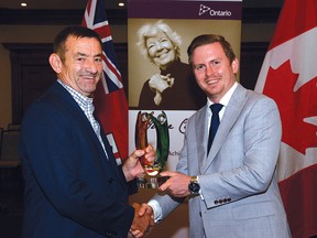 Photo supplied
Dennis Lendrum with Parliamentary Assistant to the Minister of Citizenship and Multiculturalism Graham McGregor receiving the June Callwood Outstanding Achievement for Voluntarism in Toronto.