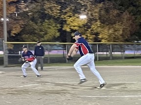 Micksburg Twins pitcher Joran Graham was dominant as he led the Twins to an 11-0 win over Kars to force the deciding game of the Greater Ottawa Fastball League championship series Friday night in Micksburg. Picture courtesy of Jamey Mick.